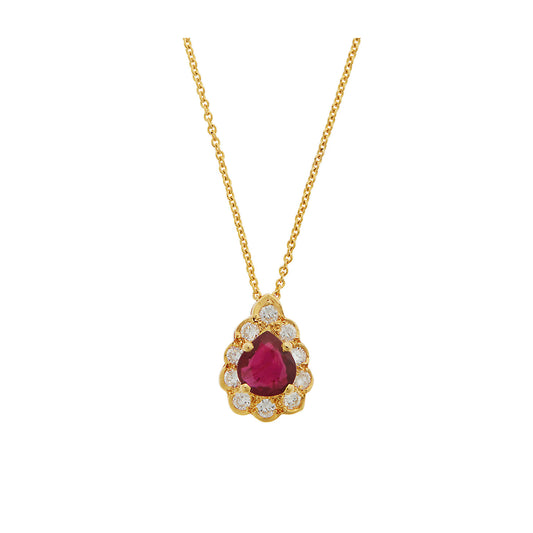 Necklace Pendant 18KT Yellow Gold with a Pear cut Ruby and Brilliant cut Diamonds.  Product Code : 575ME9R