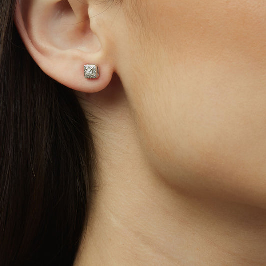 Stud Earrings 18KT  White Gold with Princess and Round Brilliant Diamonds. Product Code : 740SK021W