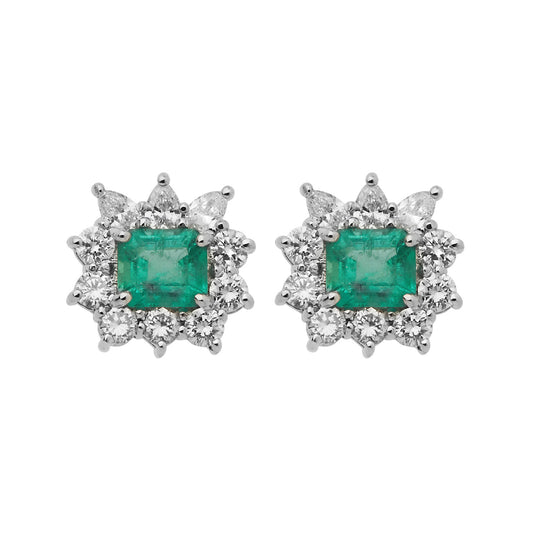 Emerald and Diamond Stud Earrings 18KT White Gold. Product Code : 924SW010E
