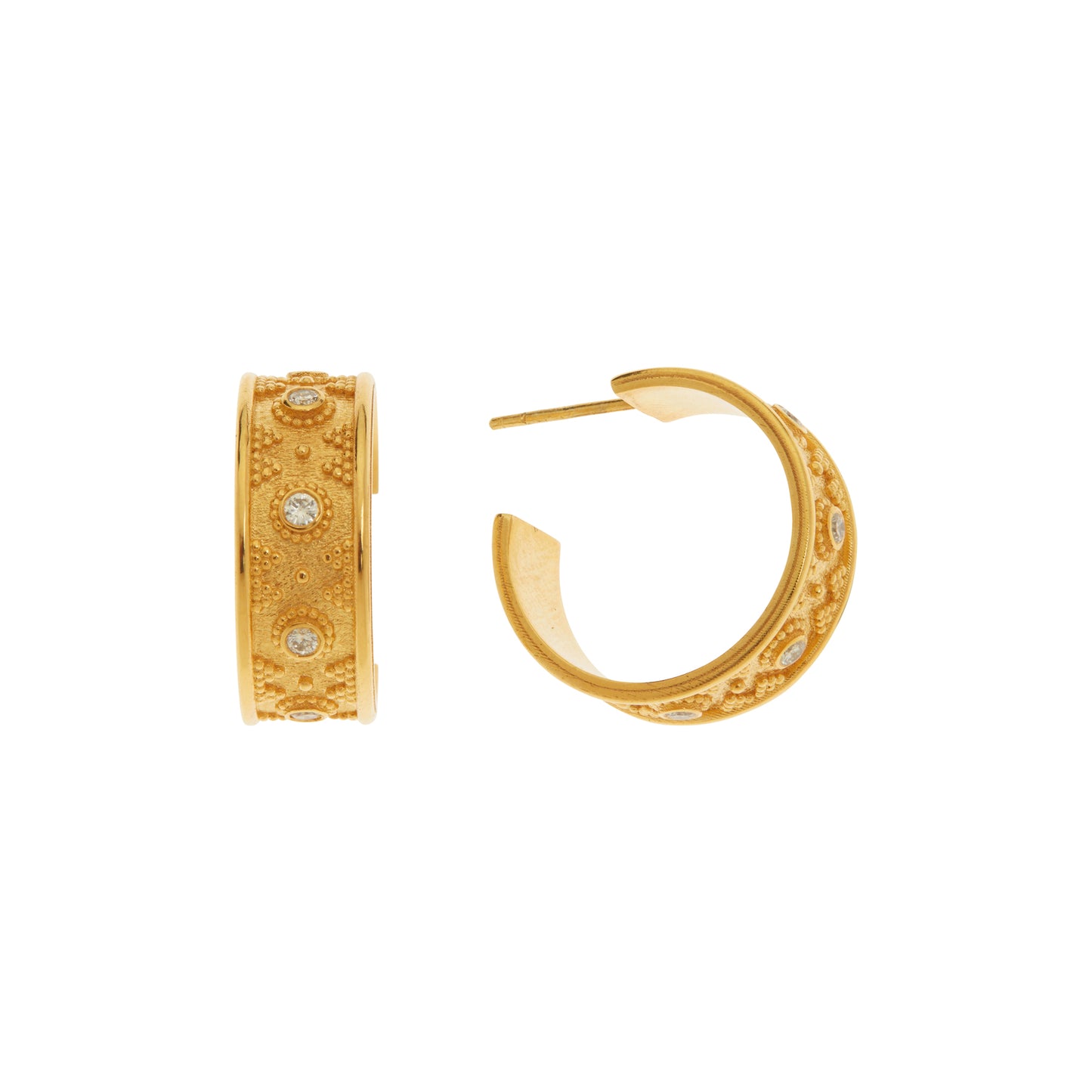 Handmade Byzantine Hoop Earrings 18KT Yellow Gold with Diamonds