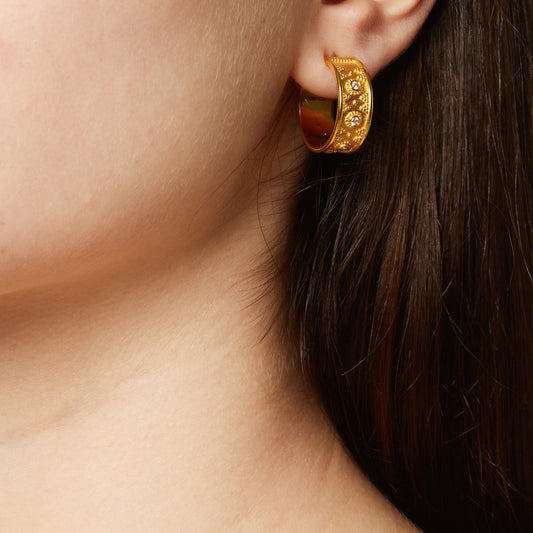 Handmade Byzantine Hoop Earrings 18KT Yellow Gold with Diamonds