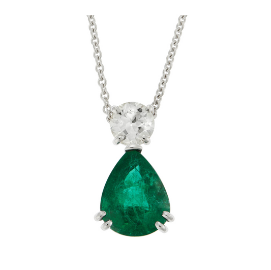 Necklace Pendant 18KT White Gold with Pear cut Emerald and a Brilliant cut Diamond. Product Code : 683MW36EXL
