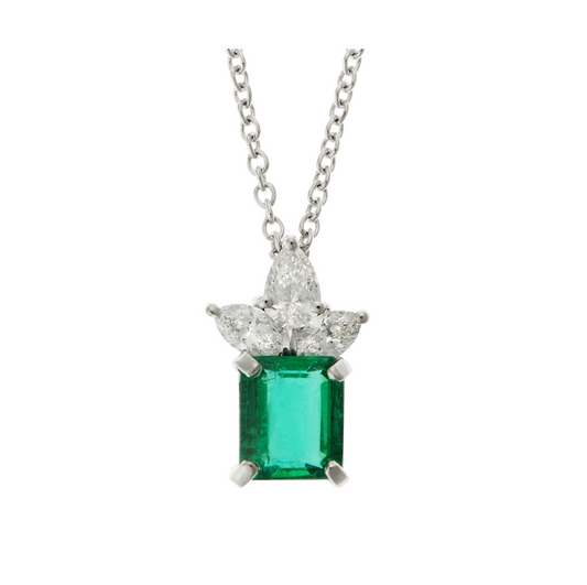 Necklace Pendant 18KT White Gold with Emerald cut Emerald and Marquise cut Diamonds. Product Code : 702M114WE
