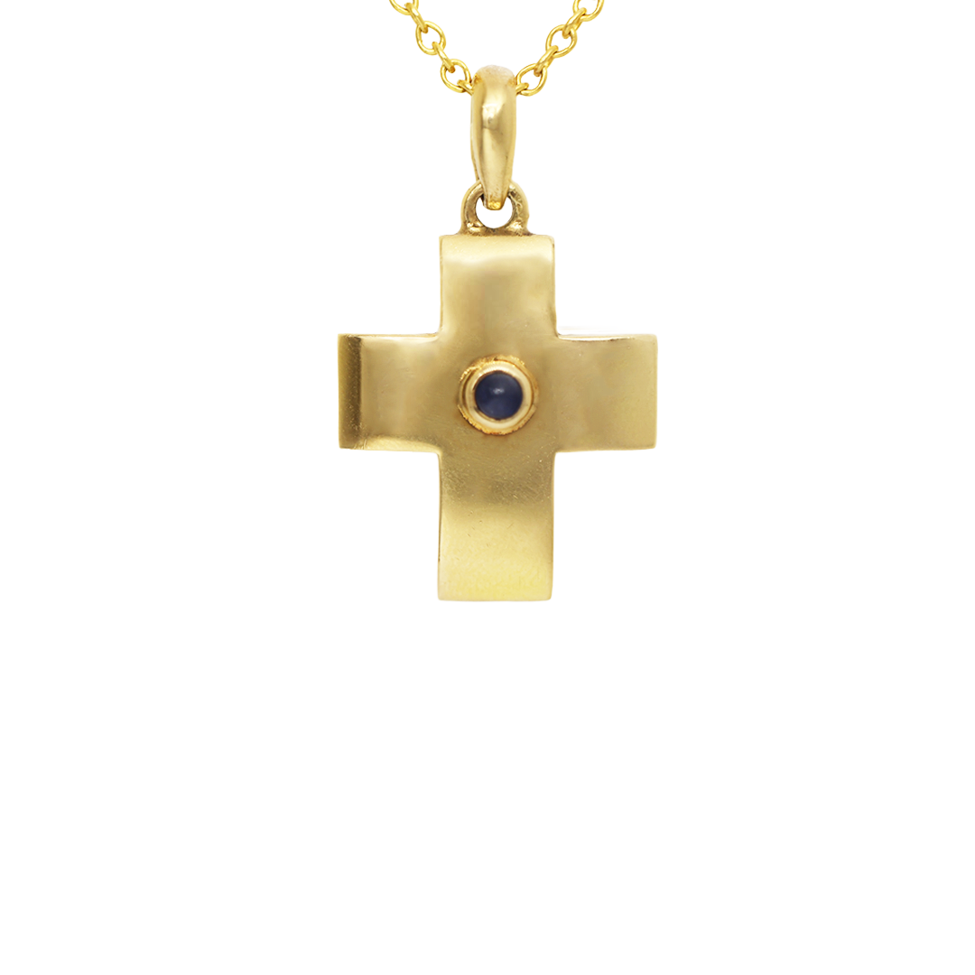 Yellow gold 18K cross with sapphire cabochon. Product code: 8ST334