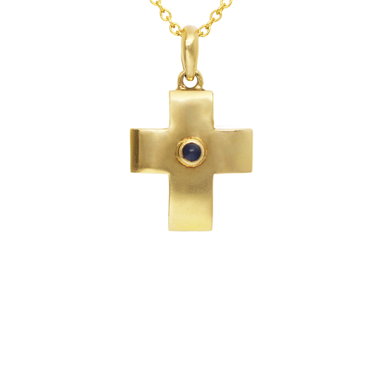 Yellow gold 18K cross with sapphire cabochon. Product code: 8ST334