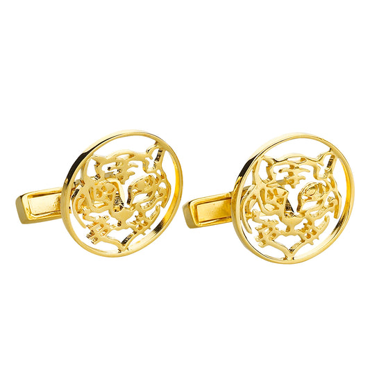 Tiger silver gold plated cufflinks. The tiger symbolises power, energy, royalty and protection. Product Code: 80BG904CE.