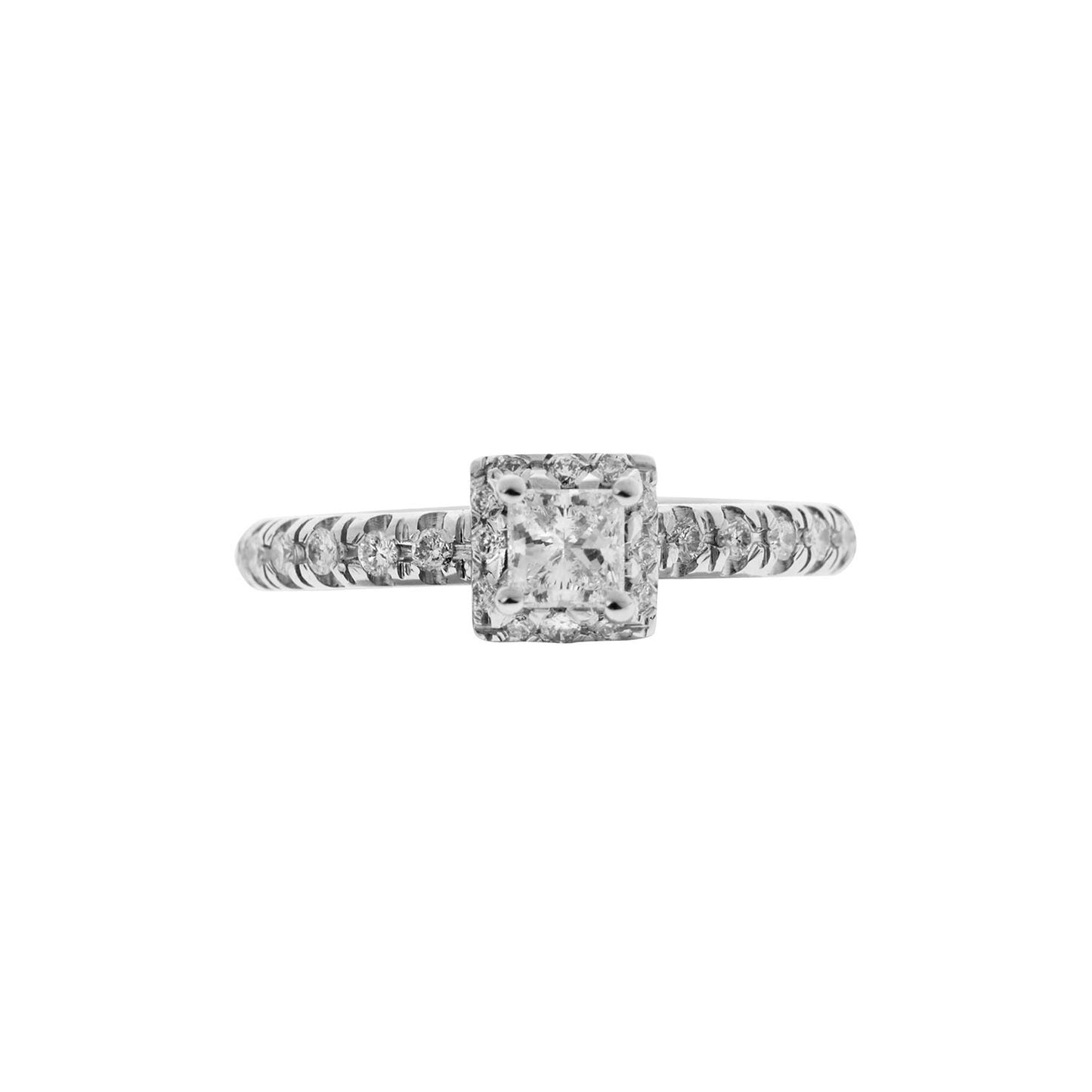 Princess cut diamond solitaire 18KT white gold with brilliant cut diamonds on the sides. Product Code : 291D1129