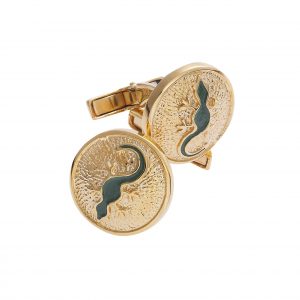 Salamander silver gold plated enamelled cufflinks. Salamander is a symbol of transformation, energy, renewal and luck. Product Code: 5MASPE12