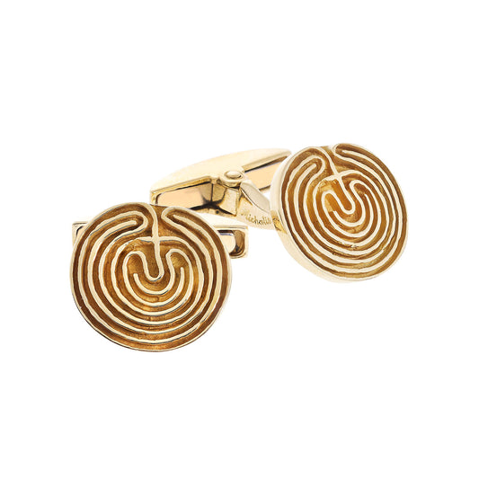 Labyrinth, silver gold plated cufflinks. Labyrinth is a symbol of Protection, Rebirth, and Progress. Product code: labyrinthcu.