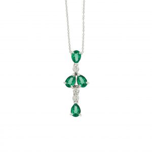 Necklace Pendant 18KT White Gold with Pear cut Emeralds and Brilliant cut Diamonds.  Product Code : 644MW45E.
