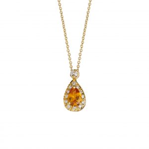 Pendant Necklace 18KT Yellow Gold with Pear cut Yellow Sapphire and Brilliant cut Diamonds.  Product Code : 639ME37YS