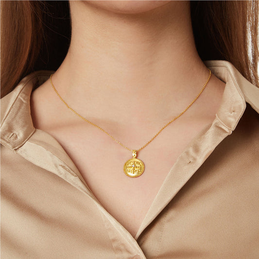 Handmade 14KT Yellow gold Byzantine Coin Pendant "Konstantinato" with a Brilliant Cut Diamond