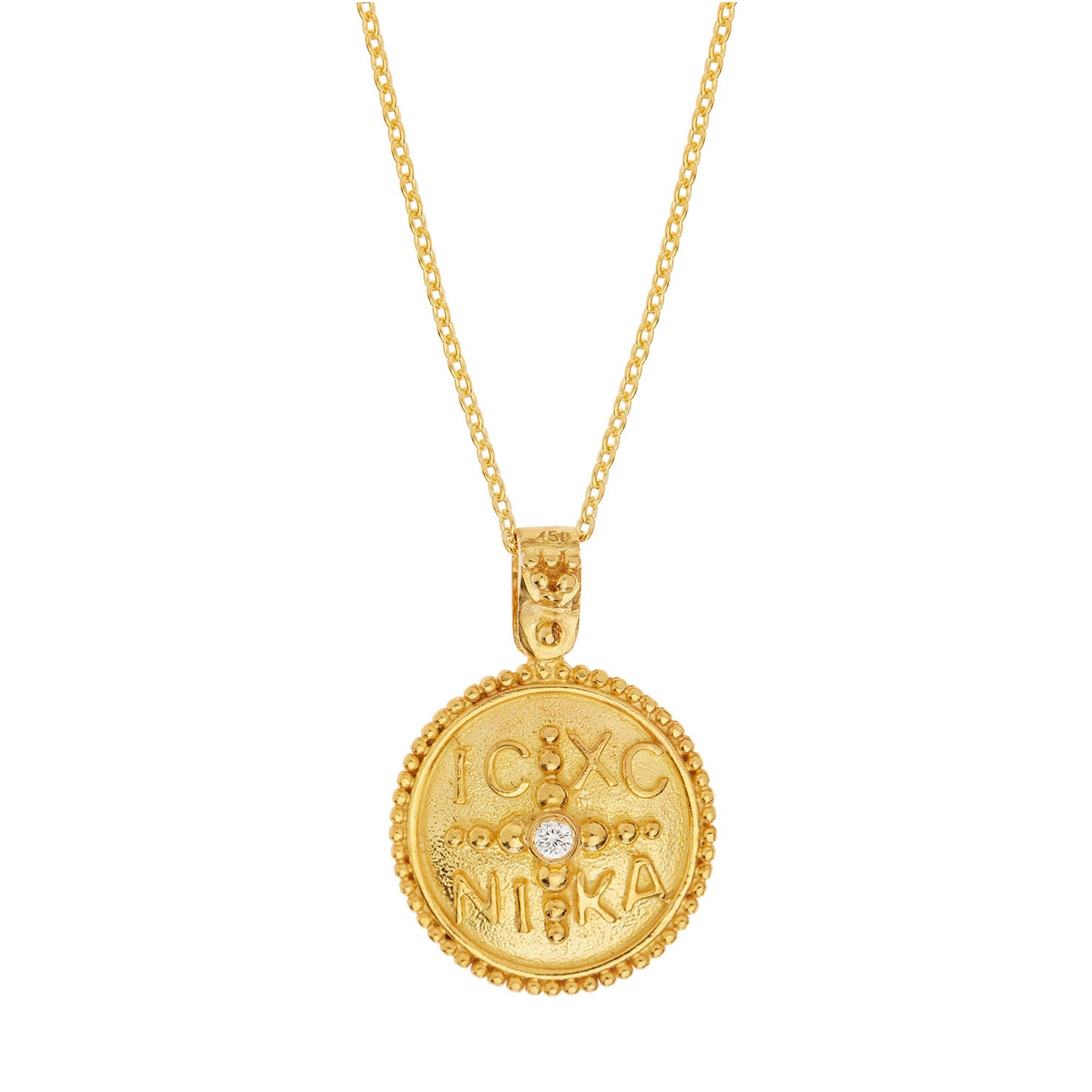 Handmade 14KT Yellow gold Byzantine Coin Pendant "Konstantinato" with a Brilliant Cut Diamond