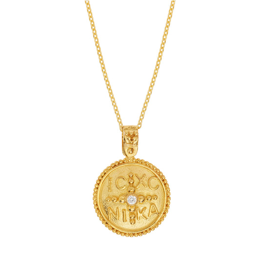 Handmade 14KT Yellow gold Byzantine Coin Pendant "Konstantinato" with a Brilliant Cut Diamond