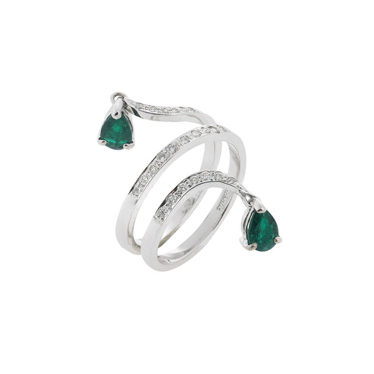 Ring 18KT White Gold with two Pear cut Emeralds and Brilliant cut Diamonds.  Product Code : 1209DA26WE