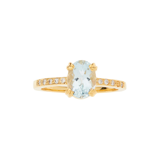 Aquamarine (Oval Cut) and Brilliant Cut Diamonds  Ring 18KT Yellow Gold