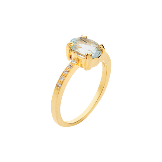 Aquamarine (Oval Cut) and Brilliant Cut Diamonds  Ring 18KT Yellow Gold