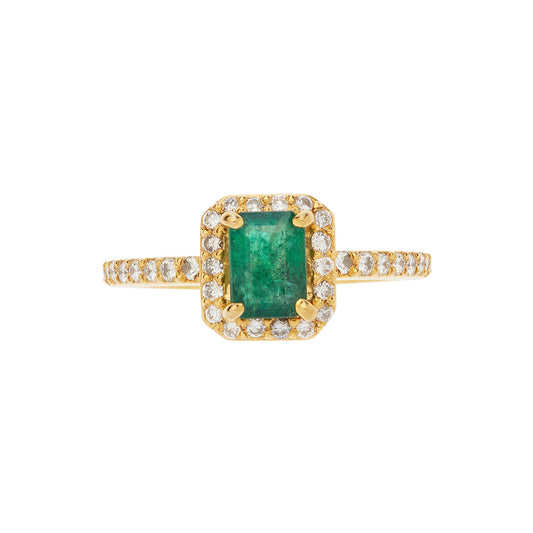 Emerald ( Emerald Cut )  and Brilliant Cut Diamond Ring 18KT Yellow  Gold.
