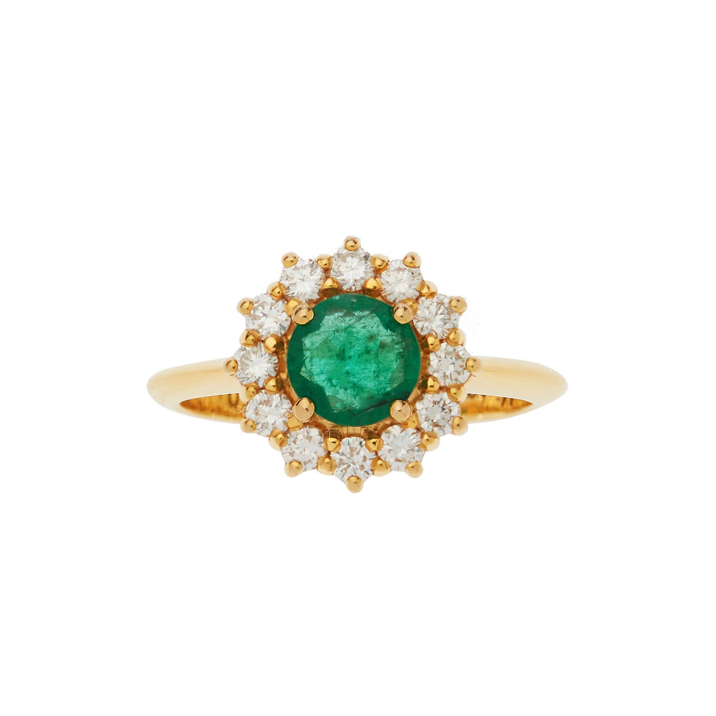 Emerald ( Round Cut )  and Brilliant Cut Diamond Ring 18KT Yellow  Gold.