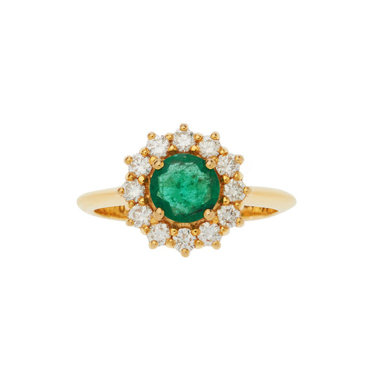 Emerald ( Round Cut )  and Brilliant Cut Diamond Ring 18KT Yellow  Gold.