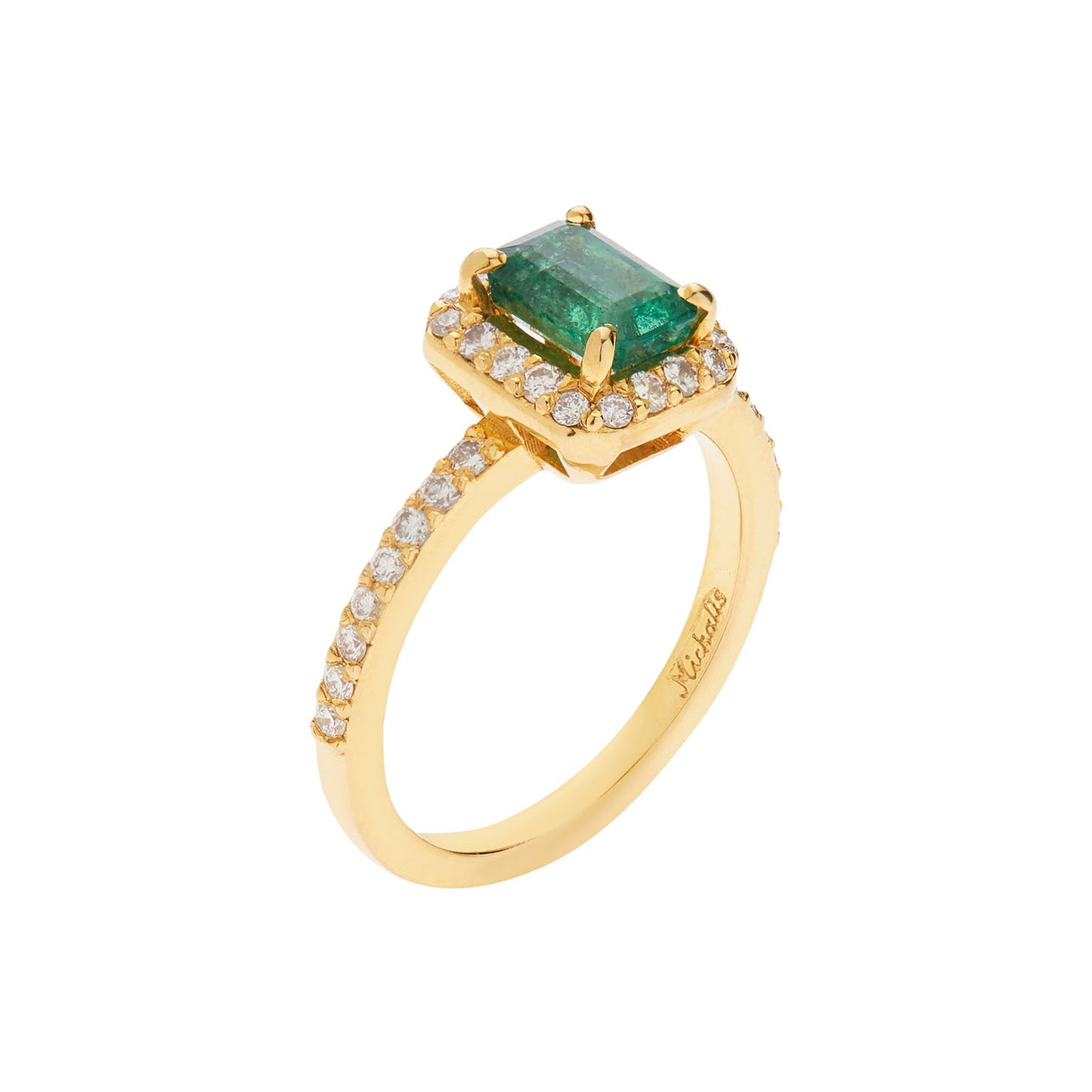 Emerald ( Emerald Cut )  and Brilliant Cut Diamond Ring 18KT Yellow  Gold.
