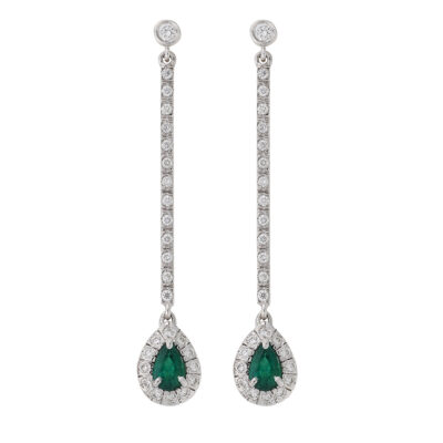 Emerald and diamond drop earrings, 18 carat white gold.