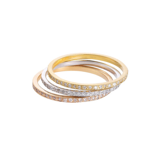 Three stacking diamond bands 18 carat yellow, pink and white gold.