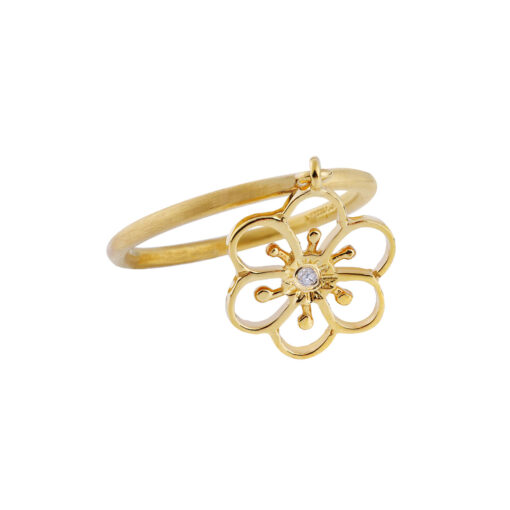 Flower ring 18 carat yellow gold with a round brilliant diamond.