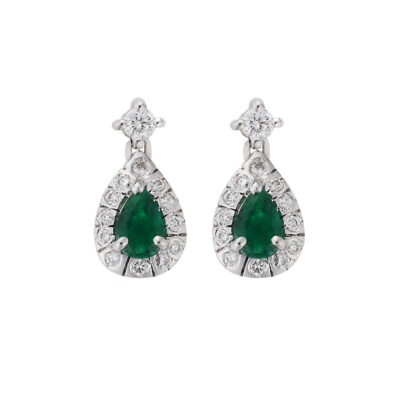 Emerald and diamond drop earrings, 18 carat white gold.