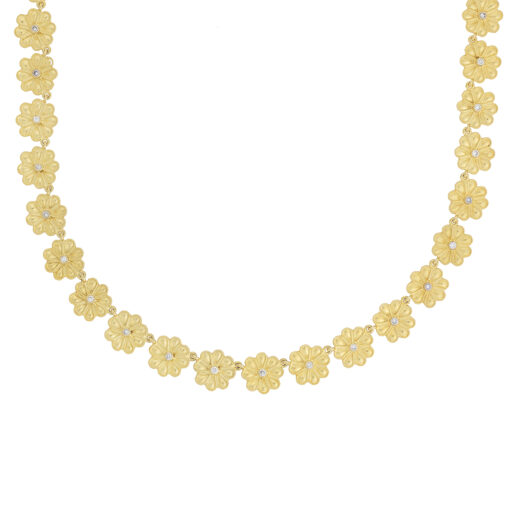 Flower 18 carat yellow gold and diamond necklace.
