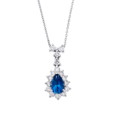 Blue topaz and diamond pendant 18 carat white gold