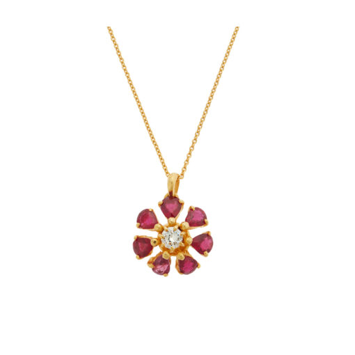 Flower ruby and diamond pendant 18 carat yellow gold