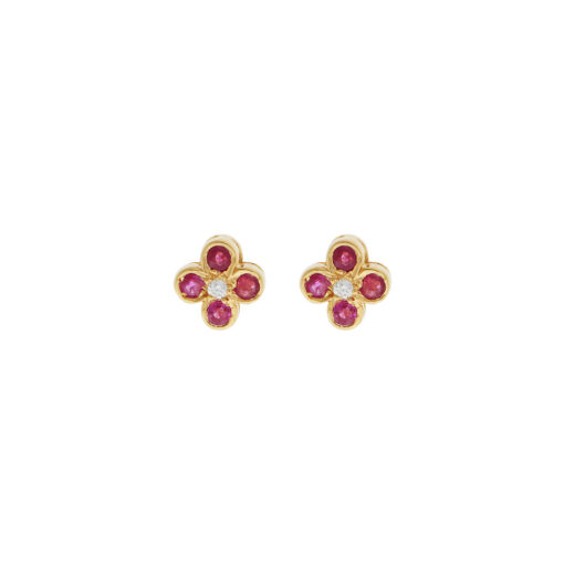 Ruby and diamond earring studs in 18 yellow gold.