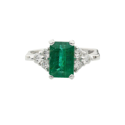 Emerald and diamond ring 18 carat white gold.